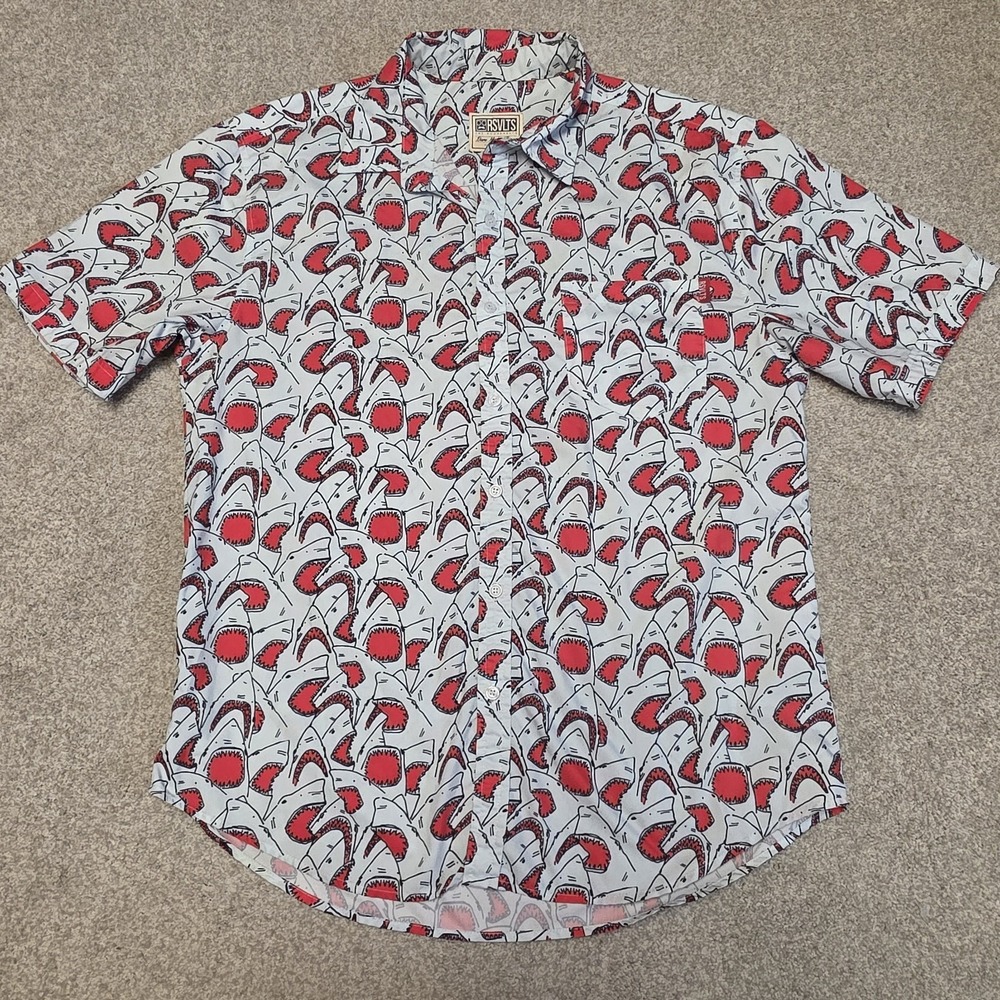 RSVLTS Sharky Shark Rare Red Tag Large Roosevelts Button Front Short Sleeve Jaws